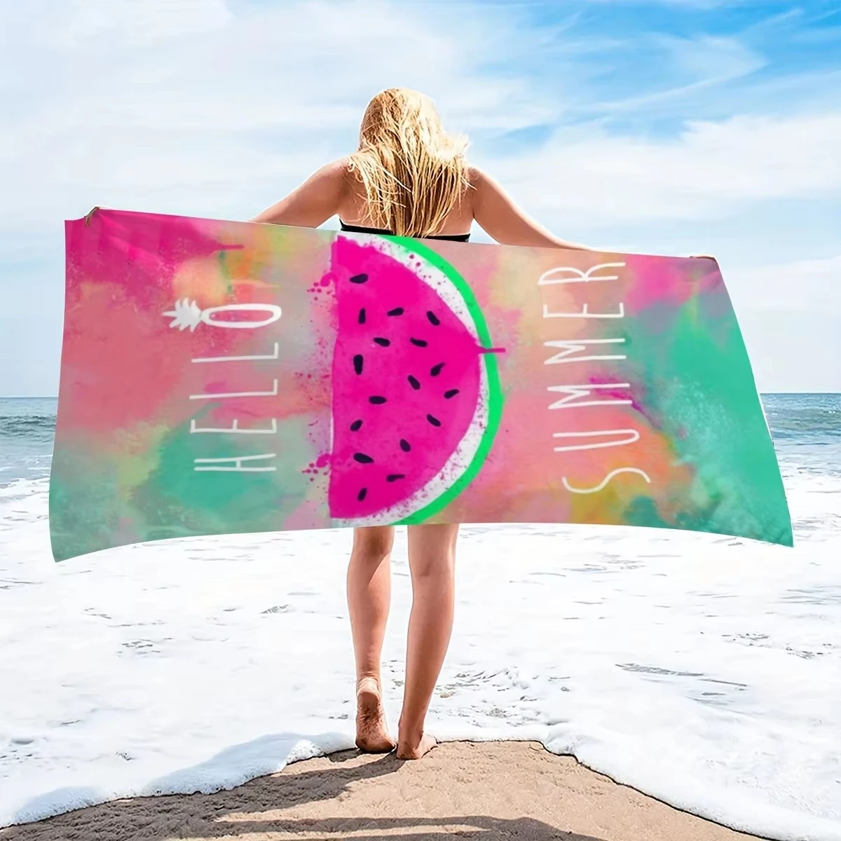 Hello Summer Watermelon Print Beach Towel, Fun In The Sun Quick Dry Soft Absorbent Microfiber for Pool Travel Camping Gift