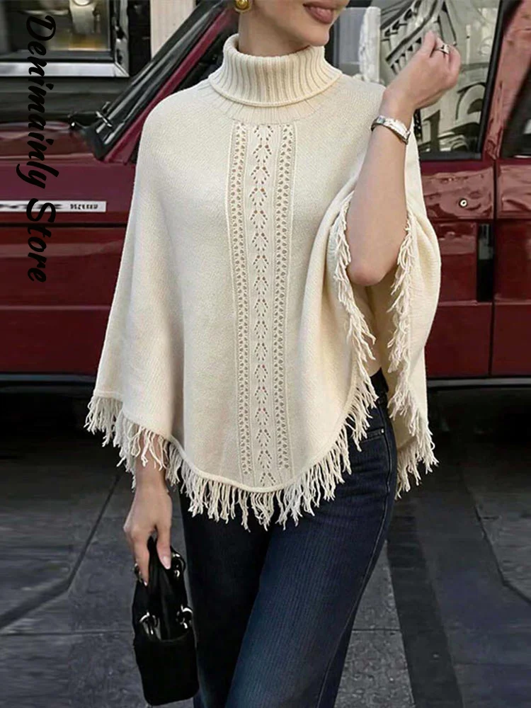 Casual Women's Tassel Patchwork Knit Shawl Loose High Neck Hollow Out Long Sleeve Female Smock 2026 Autumn Lady Fashion Shawls