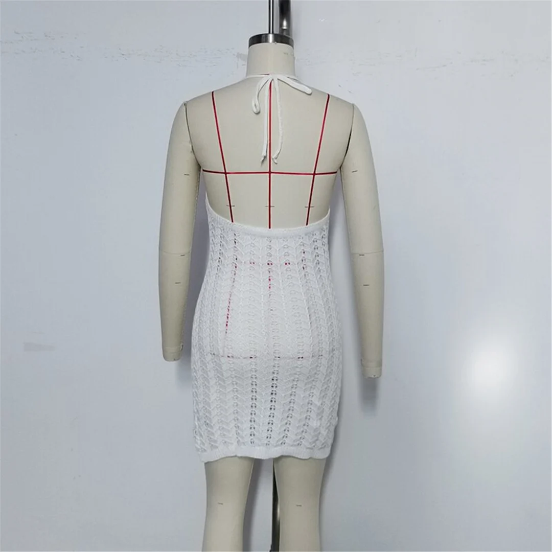 Halterneck, rückenfreies, gehäkeltes, gestricktes Tunika-Strandkleid, Strandmode, Strandbekleidung, Strand-Cover-up, Damen, V6480 – Detail 11
