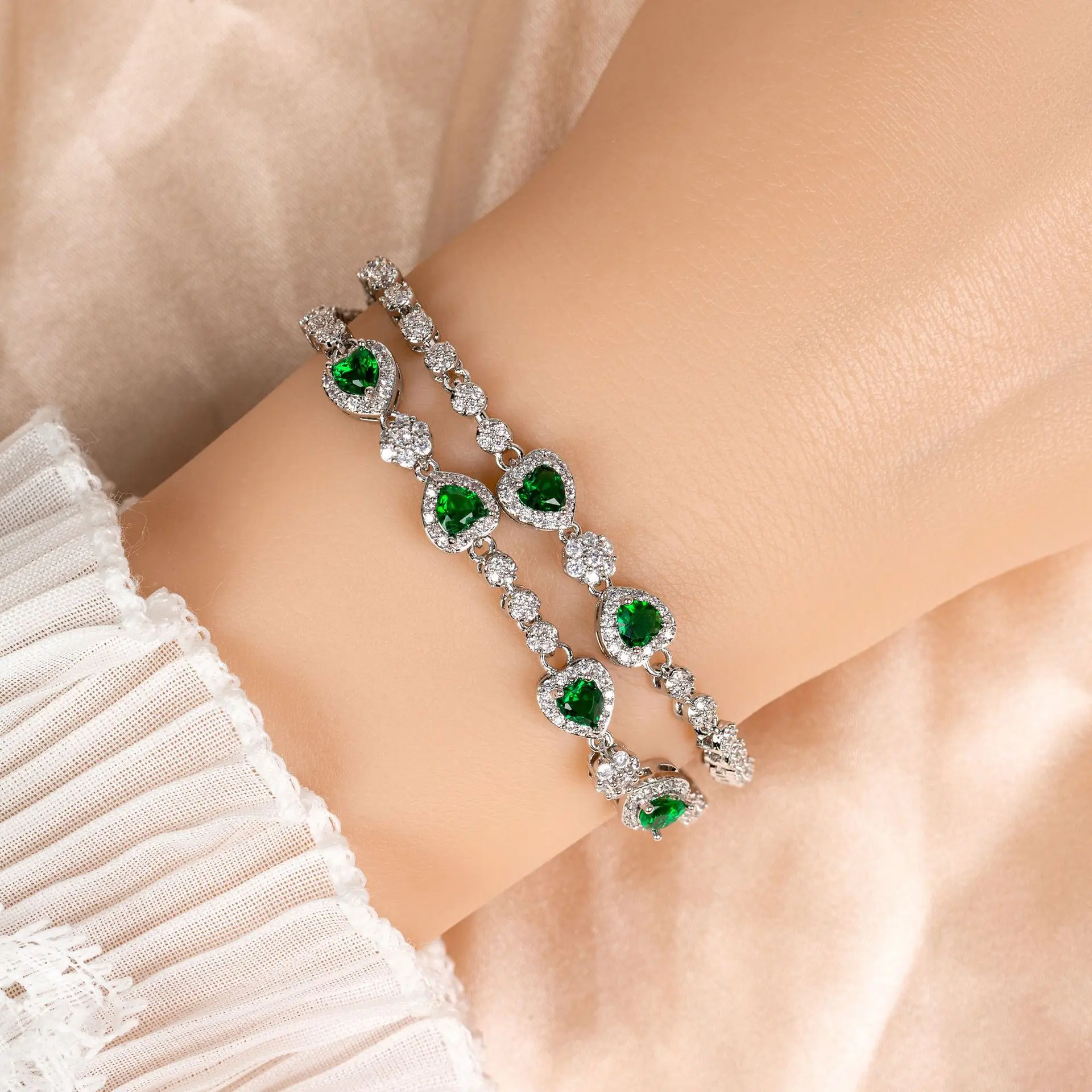 HIBRIDE Light Luxury Double Layers Bracelet Red Heart Shaped Zirconia Women's Multicolour Jewellery Set Daily Party Wedding B136