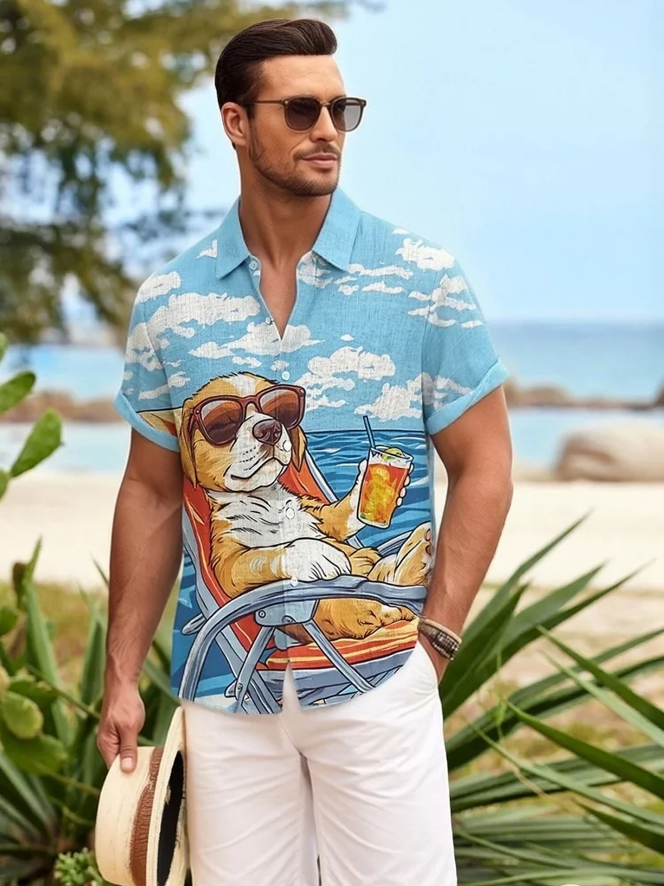 

Men's Vacation Style Loyal Dog Print Short Sleeve Shirt Holiday Summer Lapel Single Breast Y2K Tops Fashion 2026 Oversized Tunic