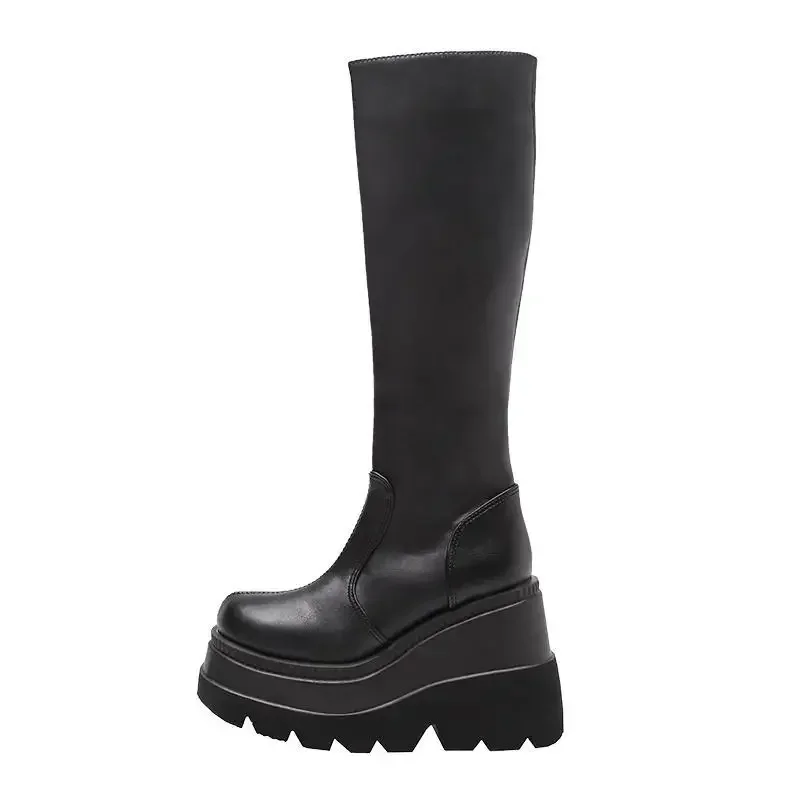 Knee High Shaft Shoes Woman Heels Elegant Heeled Round Toe Black Long Boots for Women Chic Fashion 2024 Winter Novelty Gyaru New image 6