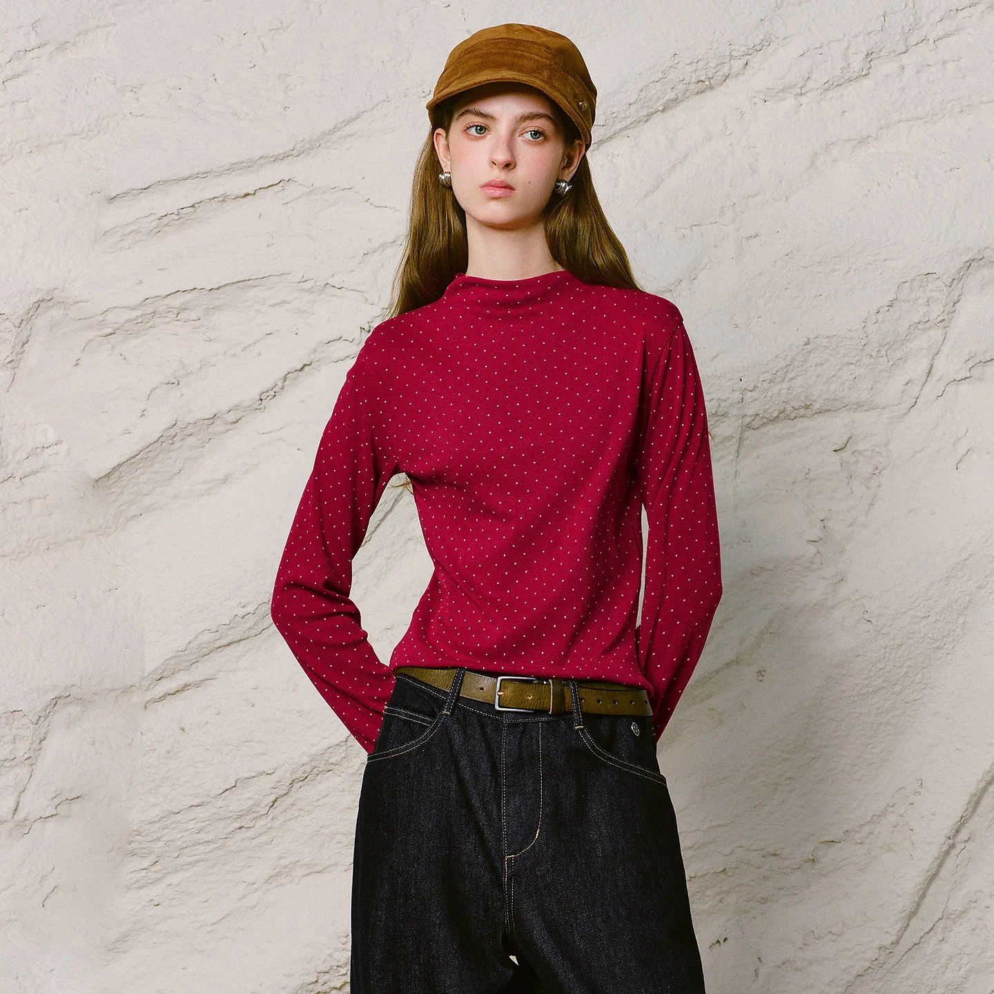 TOYOUTH Women T-Shirt 2026 Winter New Retro Polka Dot Mock Neck Slim Fit Basic Top