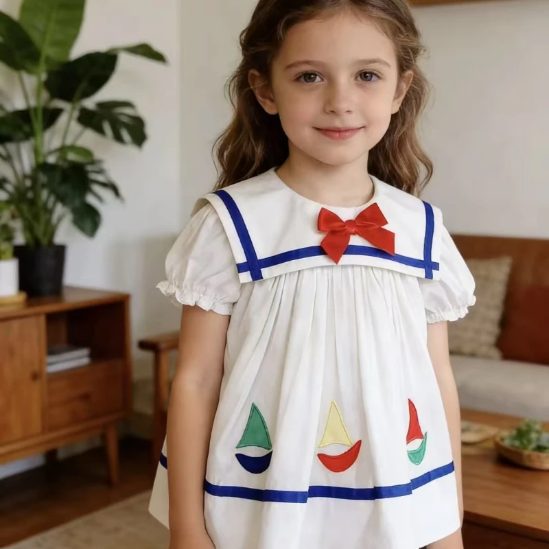 Handmade New Arrivals Cartoon Embroidered Sailing Girls Navy Sailor Suit Sling Vest Sleeveless Dress Toddler Girl Clothes