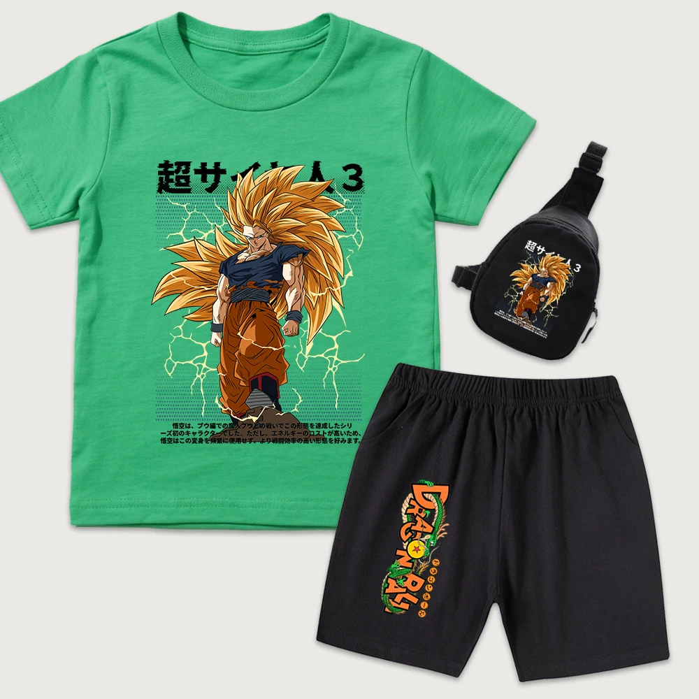 DBZ Goku SS3 Anime Print Kids Cotton T Shirt Shorts Mini Chest Bag 3Piece Set Casual Outfit for Boys Girls Daily Wear