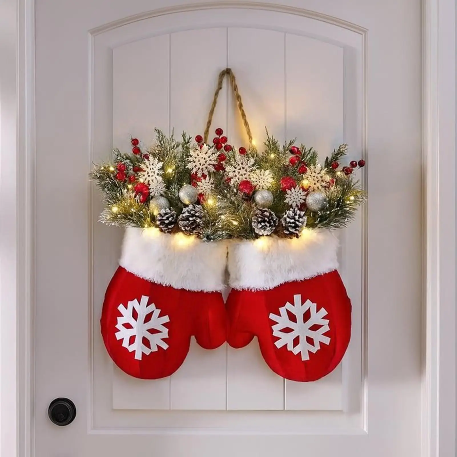Christmas Wreaths For Front Door Mitten Front Door Artificial Garland With LED Lights Holiday Decorations With Red Berries Pine