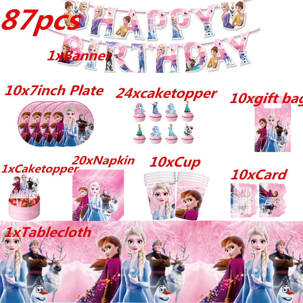 

87pcs Pink Frozen Anna Elsa Princess Theme Party Decoration Tableware Paper Cup Plate girl Baby Shower Birthday Party Supplies