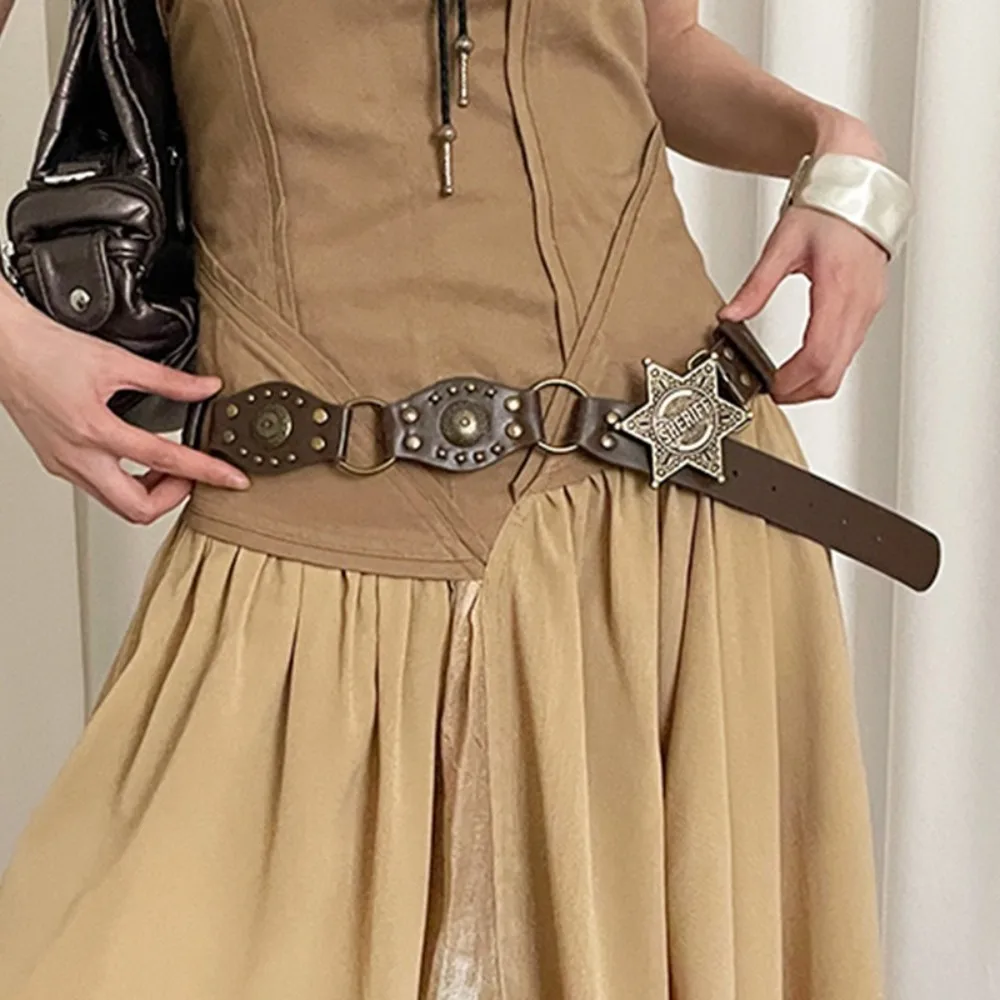 Pasek do spodni z oczkami, skóra PU, styl vintage, nitowany, gotycki, steampunkowy, szeroki pasek Y2k dla kobiet.