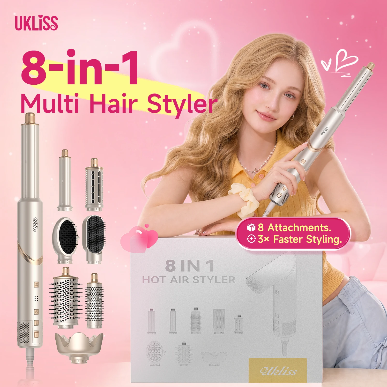 Hair Dryer 8 in 1 Hair Styler Tools Complete Set Salon Brushless Motor 110000rpm Professional Blower Dryer, Champagne Color