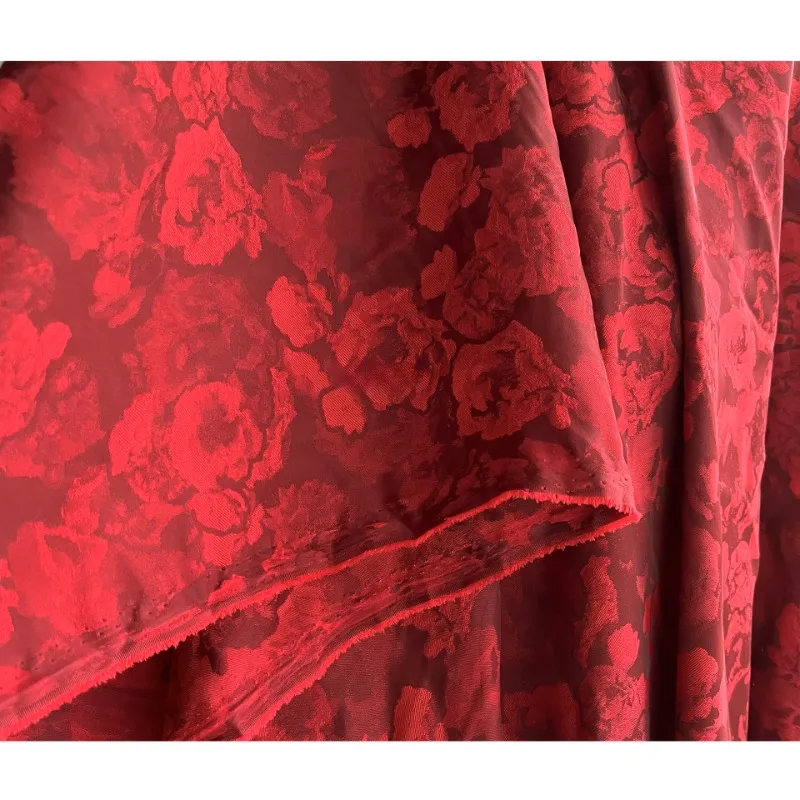 Chinese Red Porcelain Silk Satin Dark Rose Pattern Jacquard Soft Qipao Hanfu Chinese Style Fashion Designer Fabric