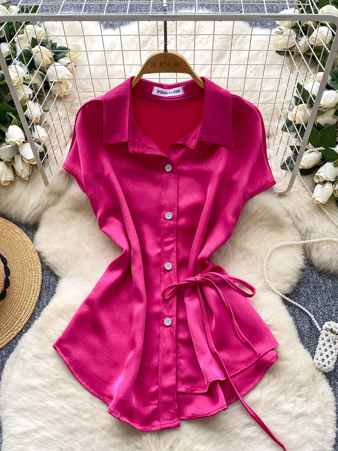 

Ele Satin irt Women's Casual Loose Fit ort Sve Knot Design Faionable Versatile Comfortable Top