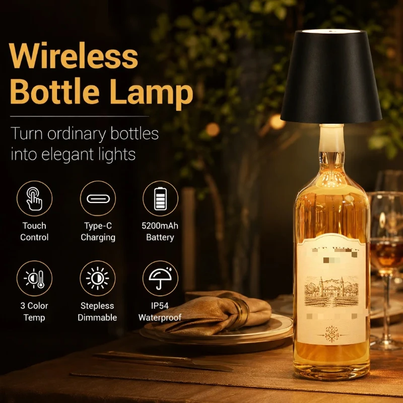 Wireless LED Bottle Lamp Rechargeable RGB Dimmable Wine Bottle Light Portable for Bar Restaurant Camping Party Decor Night Light