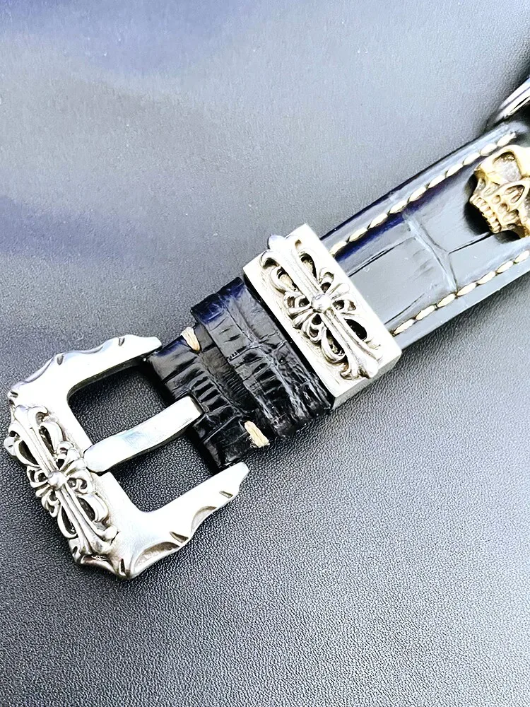 Handmade Punk White Copper Watch 20 22 24mm Metal Travel Ring Leather Strap Safety Pin Large Tibetan Silver