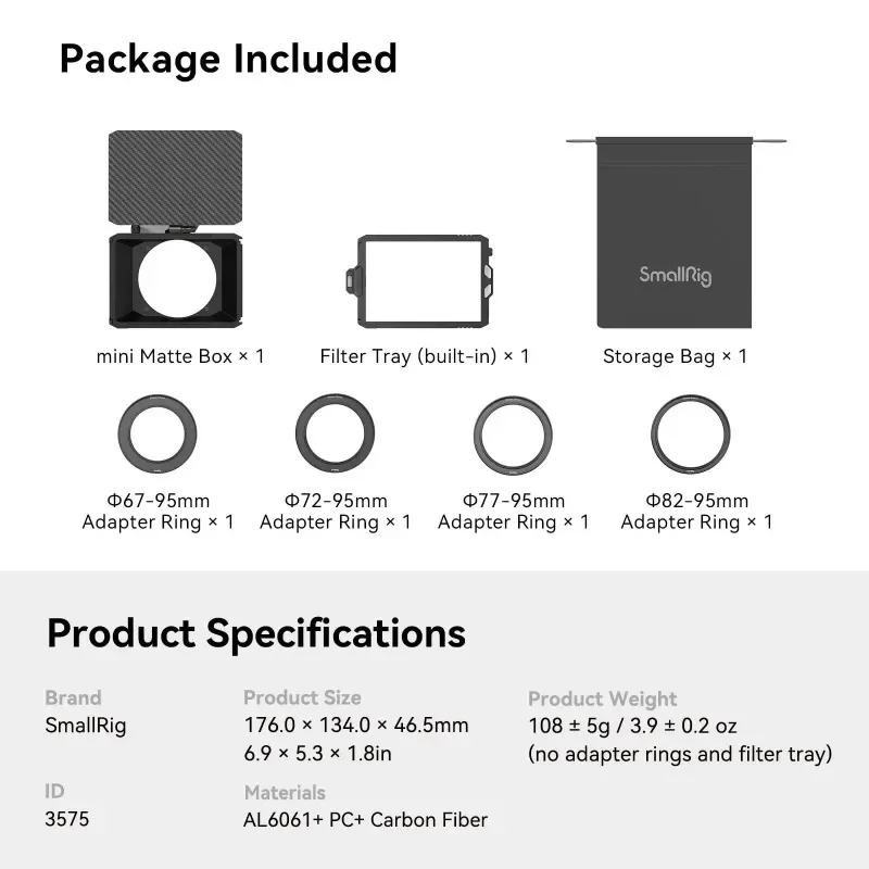 SmallRig 3575 Mini Matte Box Pro Mini Follow Focus for Mirrorless DSLR Cameras Compatible with 67mm/72mm/77mm/82mm/95mm Lens