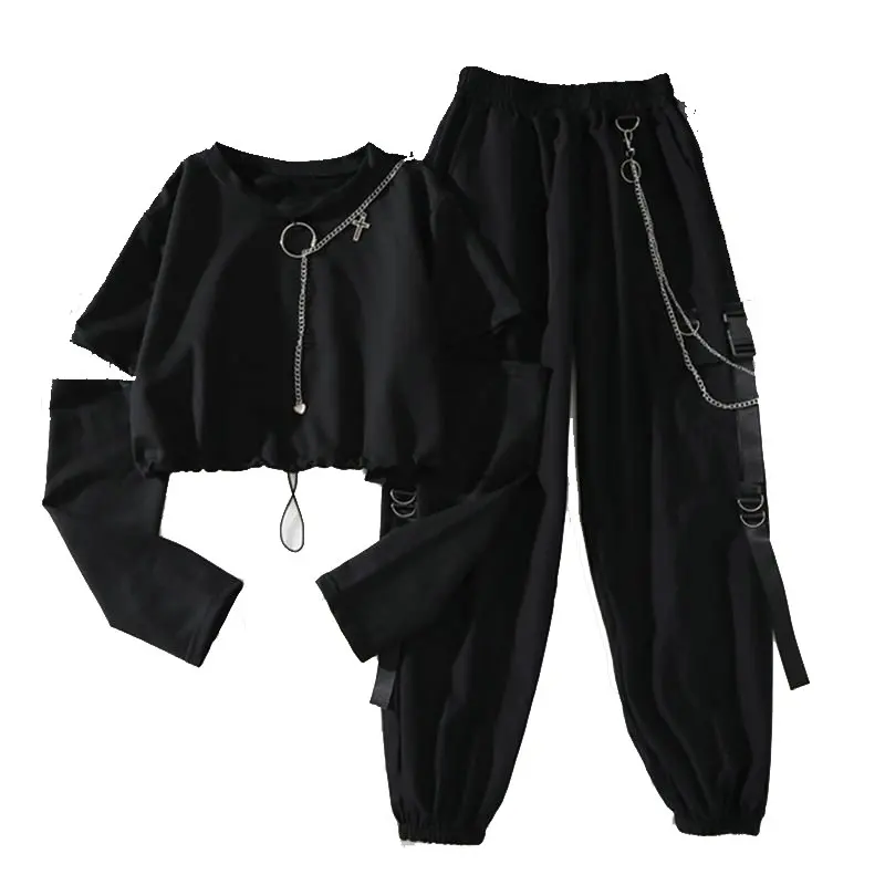 Harajuku Black Cargo Pants Women Gothic Chain Hiphop Streetwear Removable Sleeve Tops And Casual Pants Female Baggy Trousers