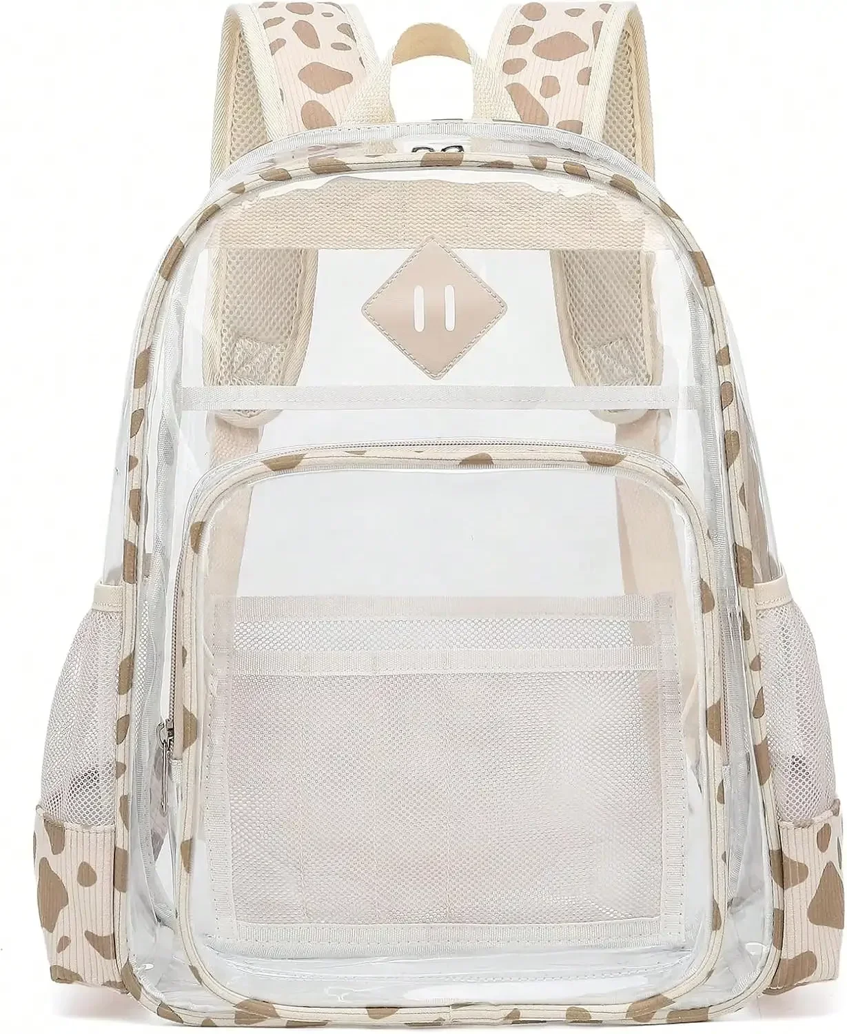 Heavy Duty Clear Transparent Backpack For Girls Women, Khaki Corduroy Cow Print See Through Bookbag For School Stadium Concert Daily Gift
