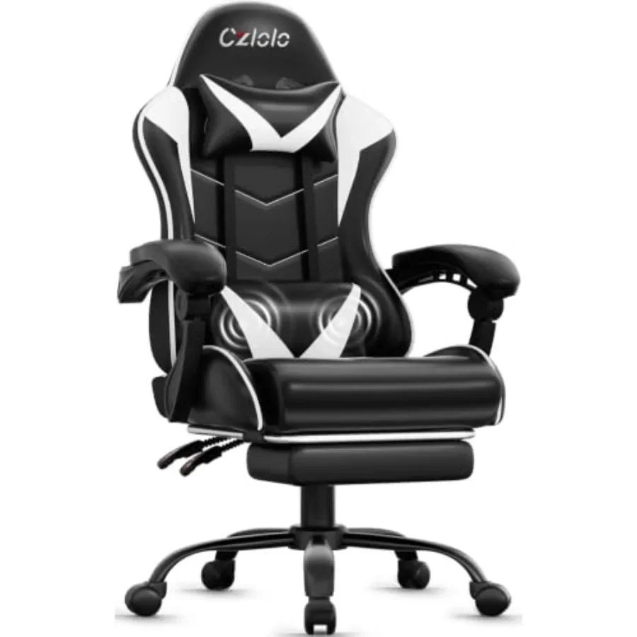 Gaming Chair with Footrest, Racing Style, Black PU Leather, Ergonomic Lumbar Support Massager, Metal Legs, High Back Reclining,