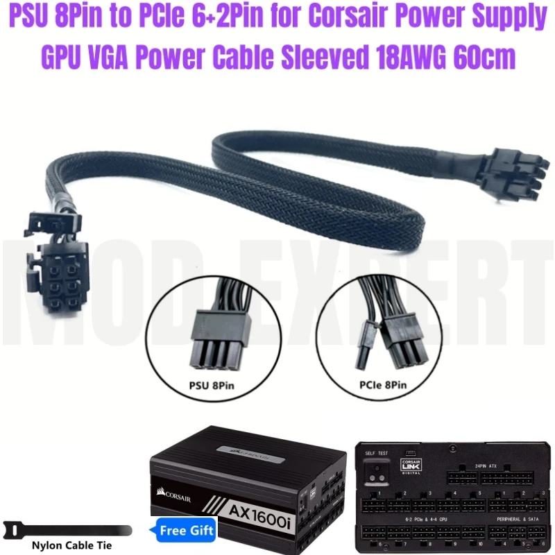 PCIe 8Pin 6+2Pin GPU Power Cable for Corsair AX1600i, AX1000, AX850 Titanium Type 4 Modular Power, Nylon Sleeved Net 18AWG 60CM