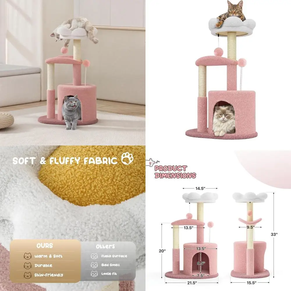 

33-сантиметровая розовая игровая лежанка для кошек с когтеточкой, уютным домиком и плюшевыми подушками для котят, живущих в помещении