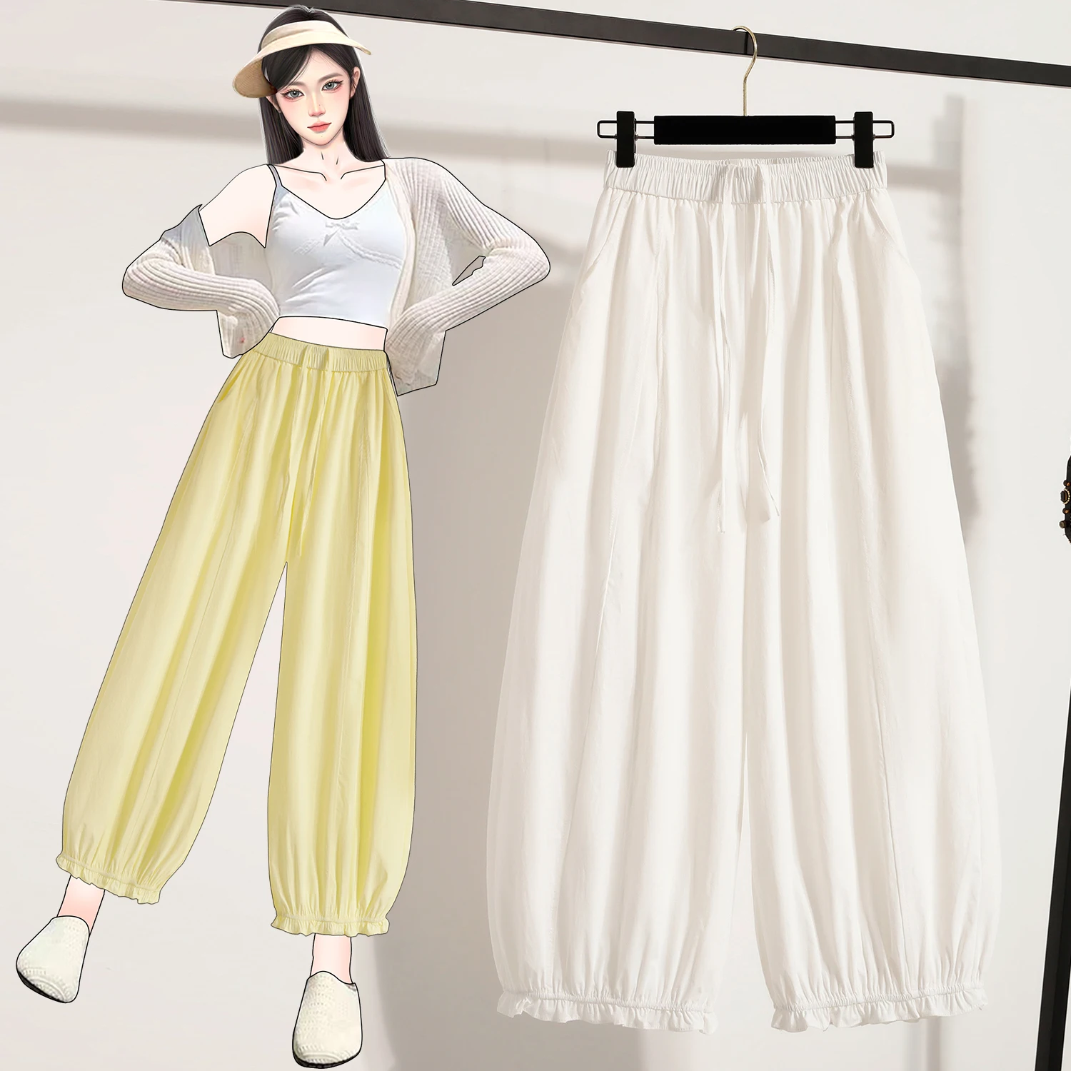 White Lace Hollow Wide Leg Pants Women's Summer New High Waist Flower Bud Lantern Pants Casual Nine Points Cuffed Balloon Pants