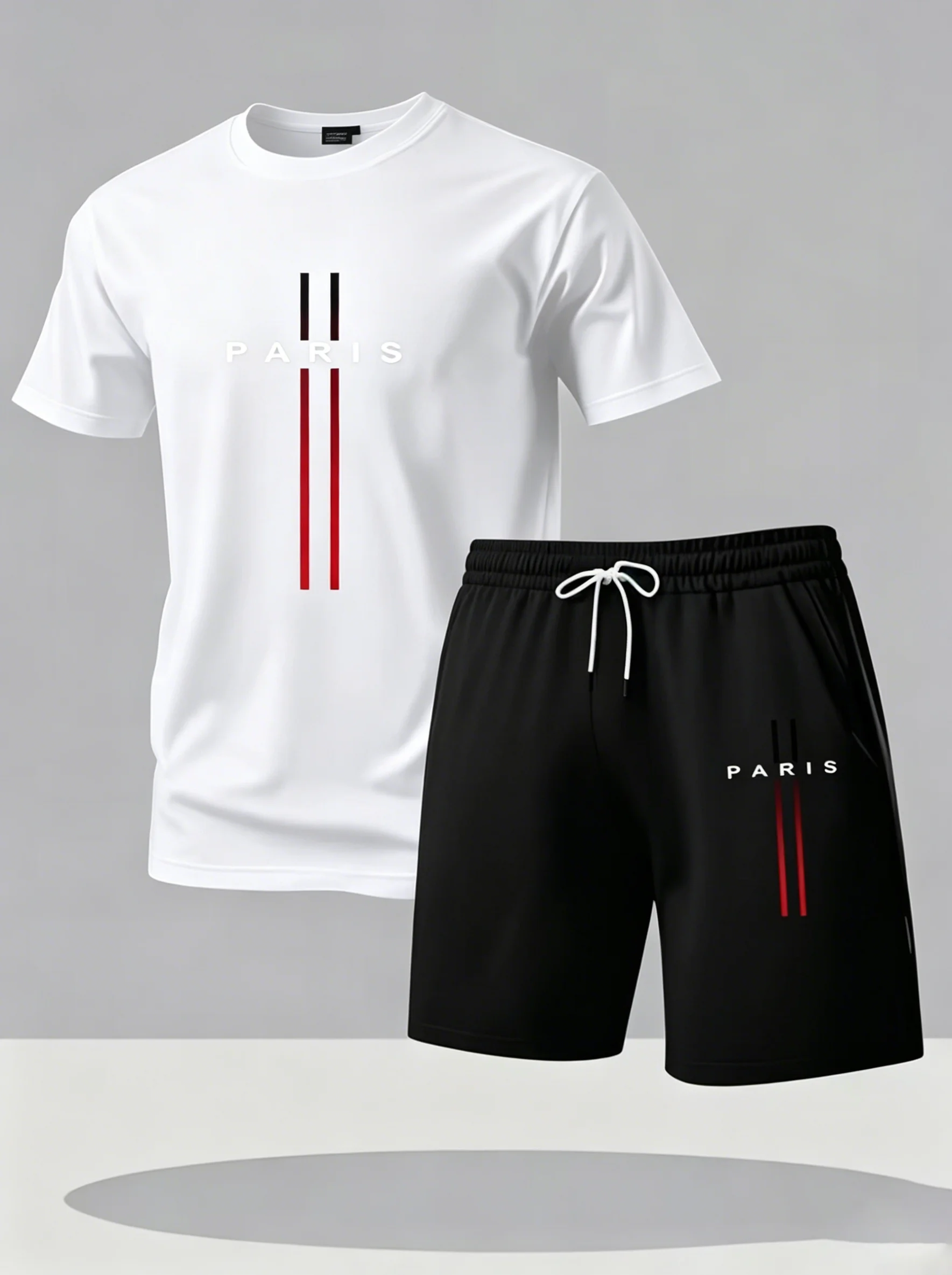 Men Quick Dry 2 Piece Sport Tracksuit Minimal PARIS Red Vertical Stripe Print Short Sleeve T Shirt Summer Casual Outfit Set