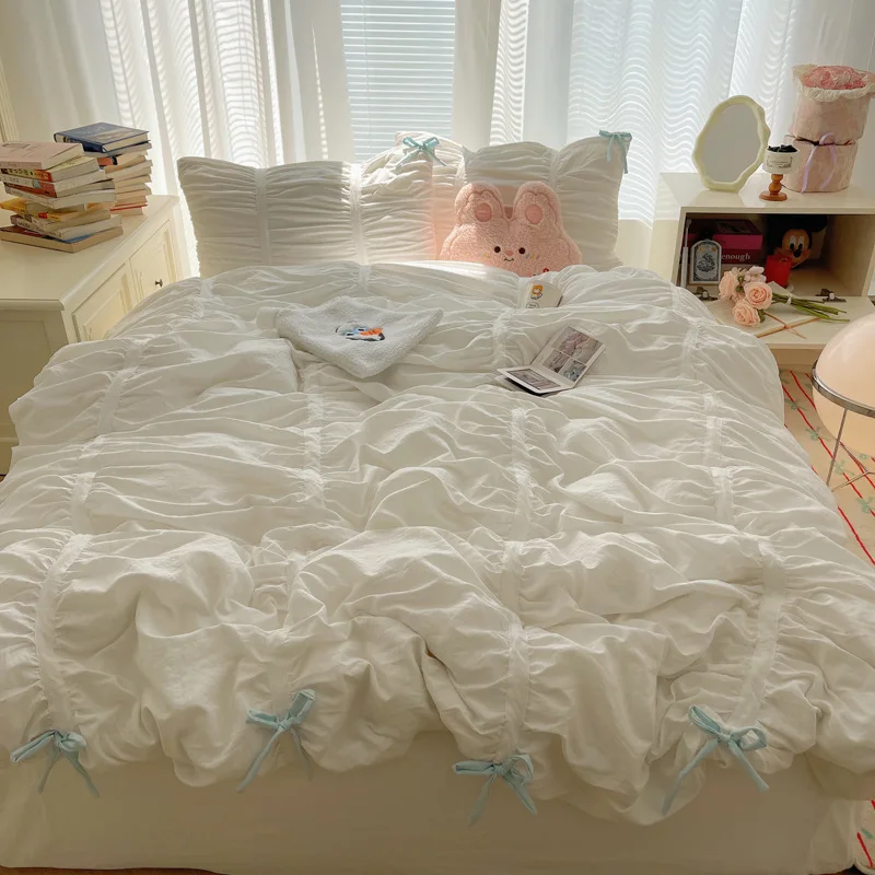 Xianmei Ballet Skin-friendly Four-piece Set Korean Folded Lace Lace Bow Quilt Set Three-piece Set Sheet Sheet Sheet