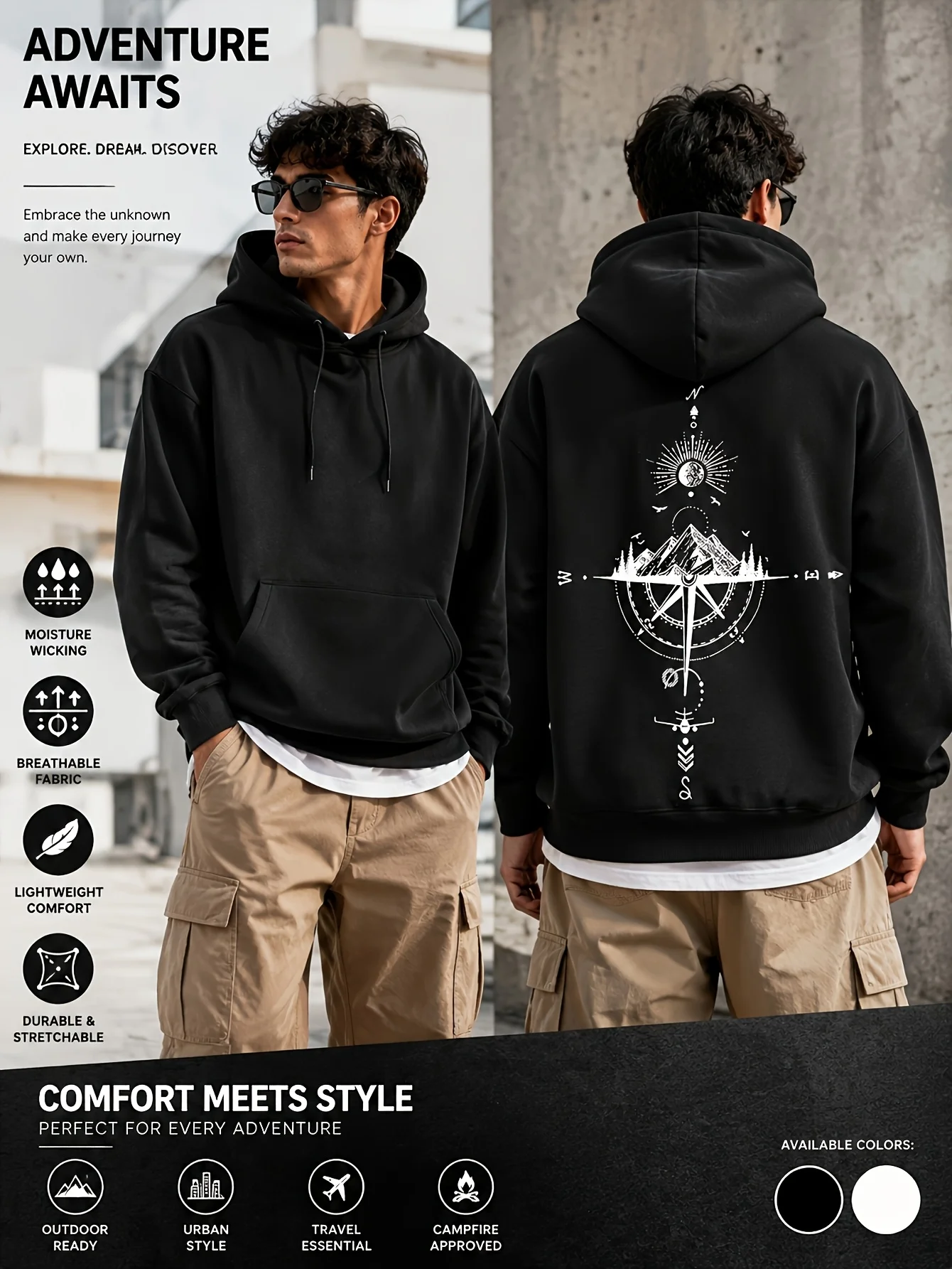 Men's Compass Mountain Pattern Hoodie, Casual Long Sleeve Hoodie, Loose Outdoor Adventure Streetwear Top