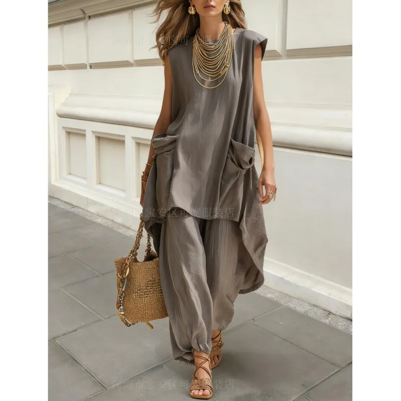 

Fashionable High Street Women Two-piece Sets Loose Sleeveless Irregular Long Top + Wide-leg Trousers Summer Holiday Pants Suits