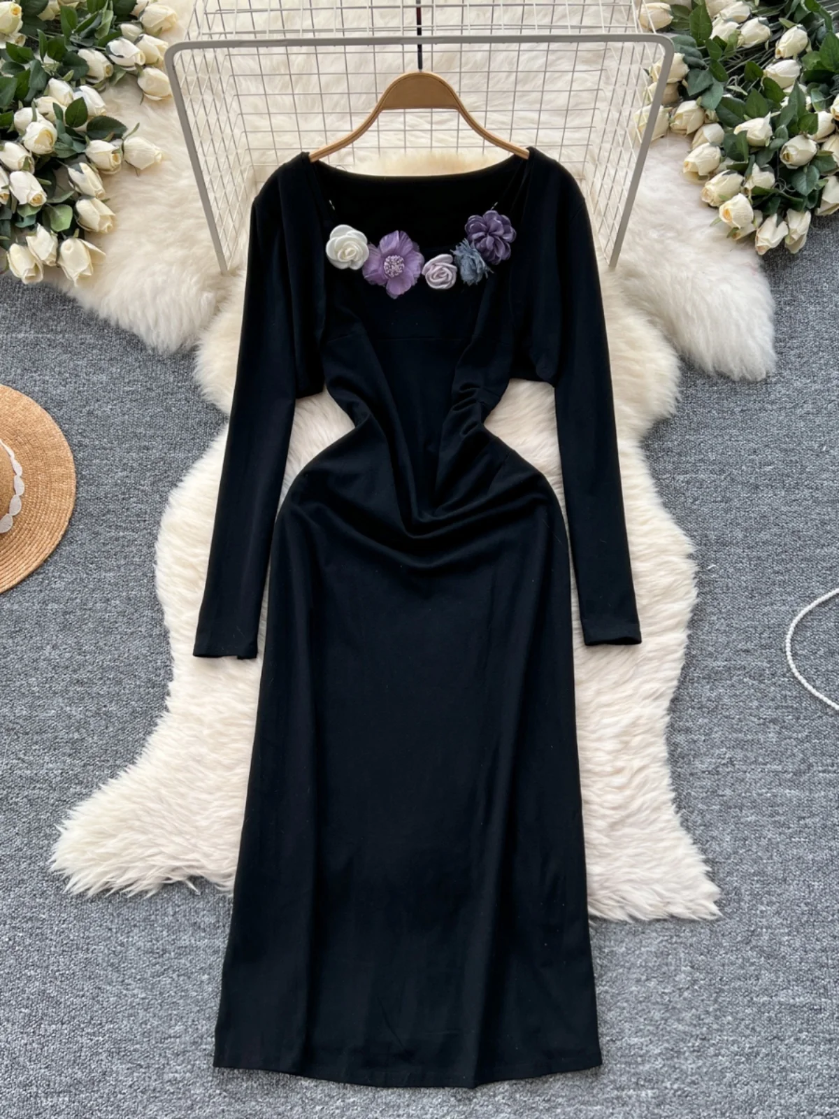 Rose Flower Waist-Cinching Dr + ort Sve Long Coat Two-Piece Set Ele Ladylike Sle for Young Women 8-25 Years Old