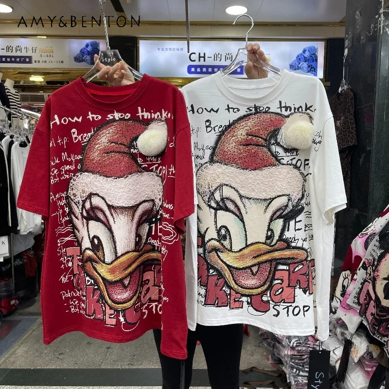 

2025 Spring Summer New Y2k Tees Heavy Craft Design Cartoon Short Sleeves T-shirt For Women's Loose Casual Mid-Length Top Tshirts