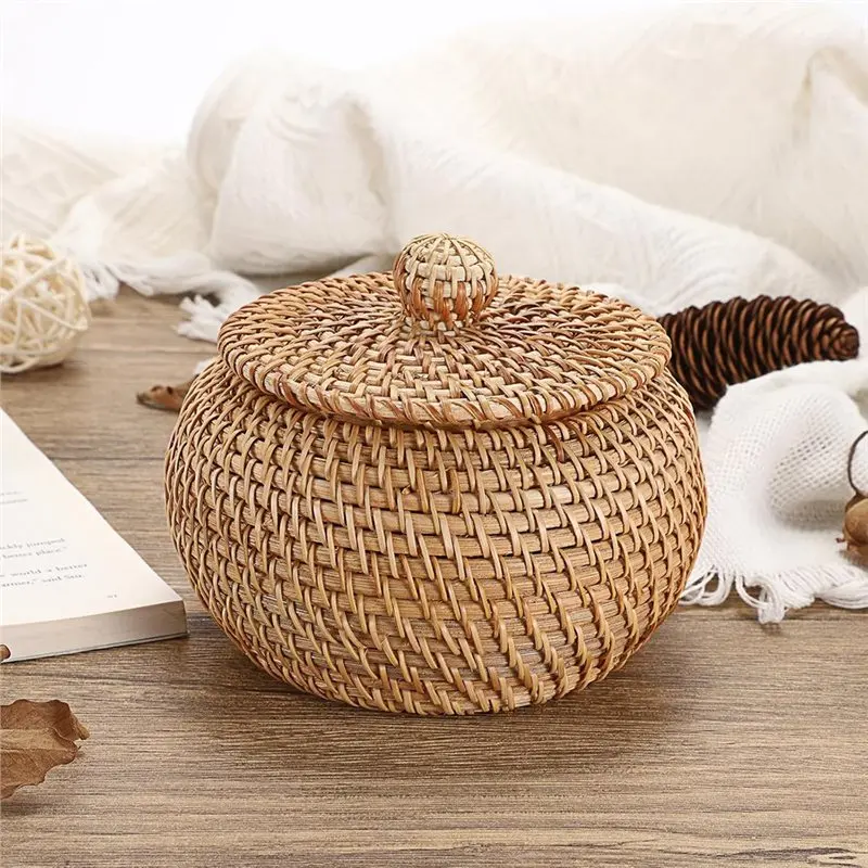 【LIMITED TIME DISCOUNT】Round Rattan Basket With Lid, 6.3" X 5.5", Small Decorative Box In Hand-Woven Wicker For Entryway& Picnic view 3