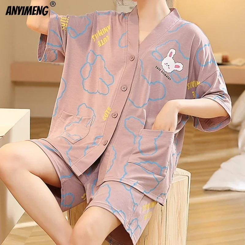 M-5XL Women Clothes Kimono V-neck Lapel Sleepwear Cardigan Short Sleeves Modal Pijamas Cool Woman Pajama Chic Girl Shorts Pyjama