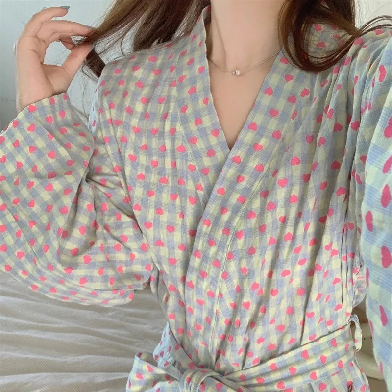 Women's Spring and Summer New Simple Long-Sleeved Robe Girls Sweet Ins Wind Ruffled Thin Section of Solid Color Pajamas Home Wea