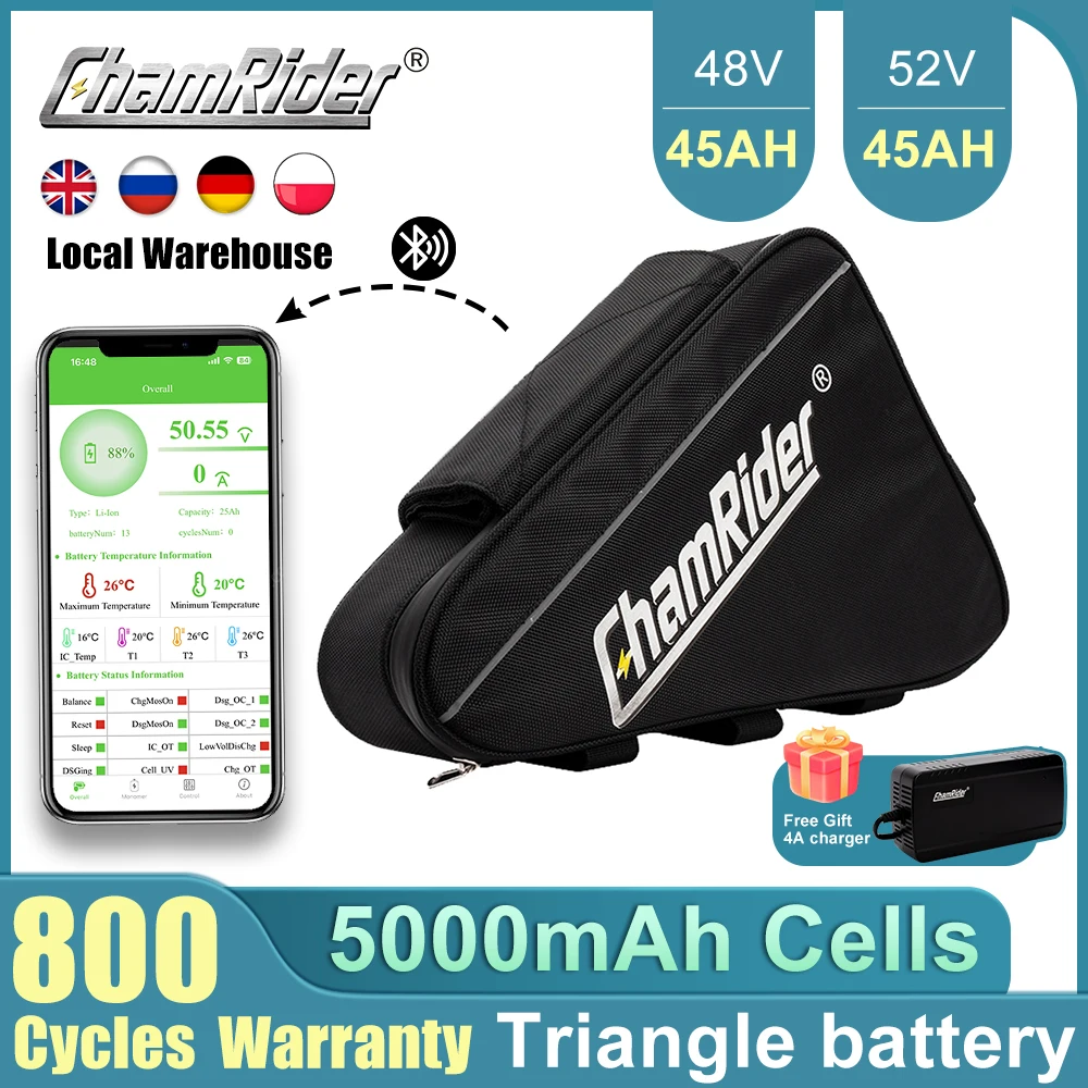 ChamRider Ebike Battery 48V45AH For Electric Bike 18650 21700 Lithium Batteries BMS For 350W 500W 750W 1000W Electric Motor