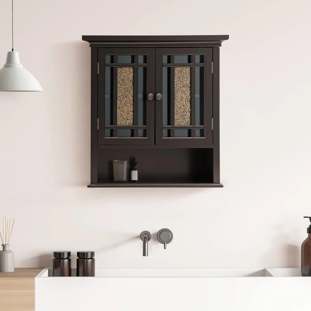 Two Door Wall Mount Bathroom Cabinet Over Toilet with Crown Molding Open Shelf Mosaic Accent Espresso
