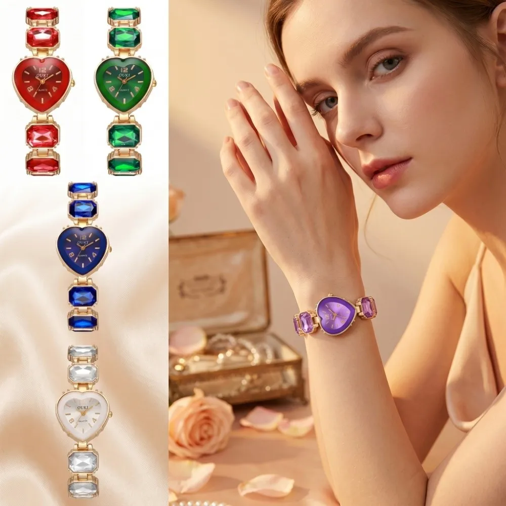 Heart Shaped Dial Crystal Candy Quartz Watch Colorful Quartz Movement Lightweight Rhinestone Bracelet Watch Adjustable Bracelet