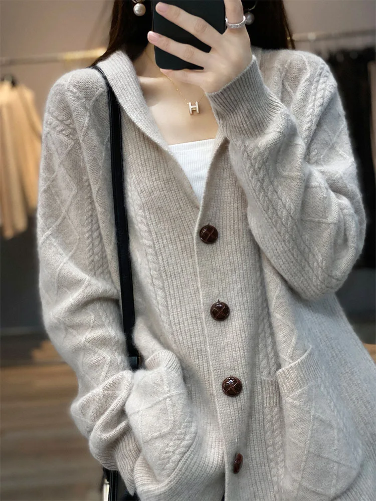 Autumn Winter High Quality Premium Knitted Cardigan Women\'s 100%Wool Cashmere Sweater V-neck Loose Large Size Coat Jacket Female