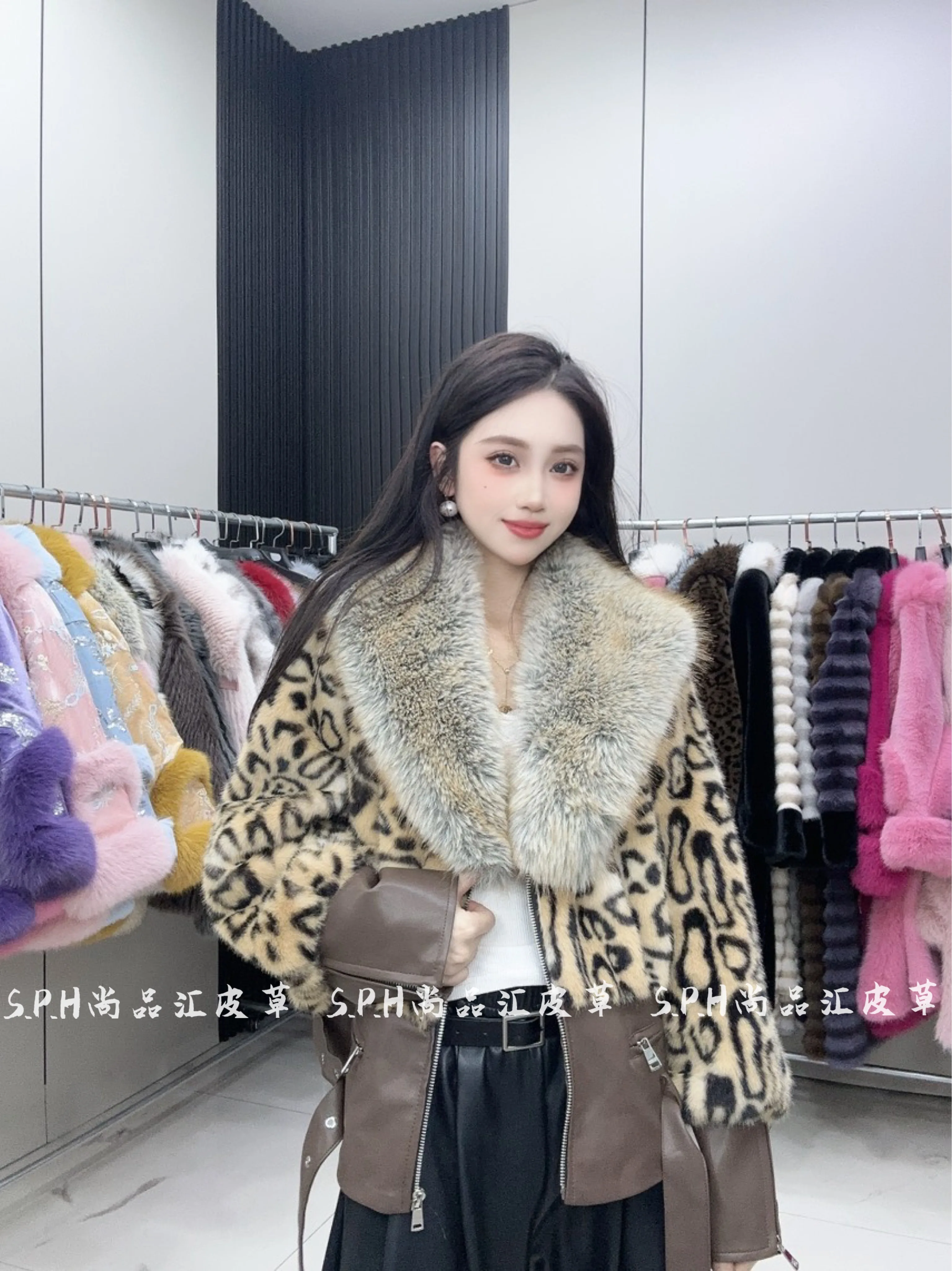 Locomotive Style Jacket Women Fashion Leopard Print with Leather Big Fur Collar European Goods Faux Fur Coats Female