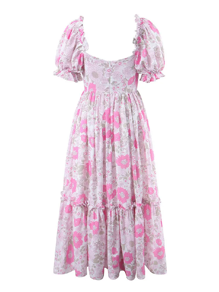 Princess Cross Pink Flower Print Maxi Long Swing Dress Women Corset Square neck Puff sleeve Ruched Ruffles Hem Fairy Robe