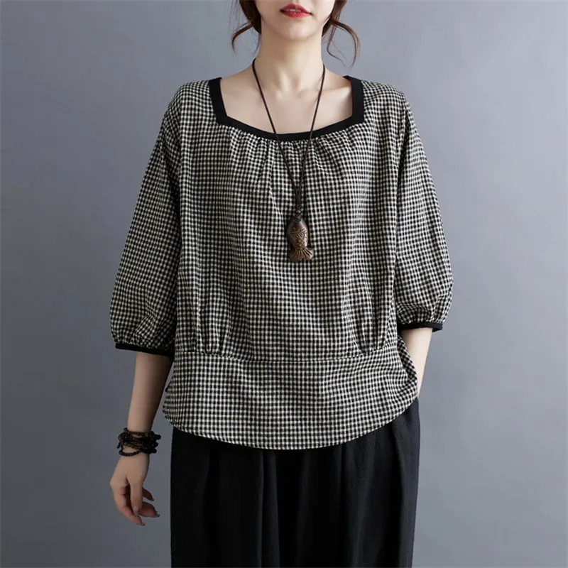 Women Summer Casual Shirt New Arrival 2024 Vintage Style Plaid Pattern Loose Comfortable Female Tops Shirts B3649