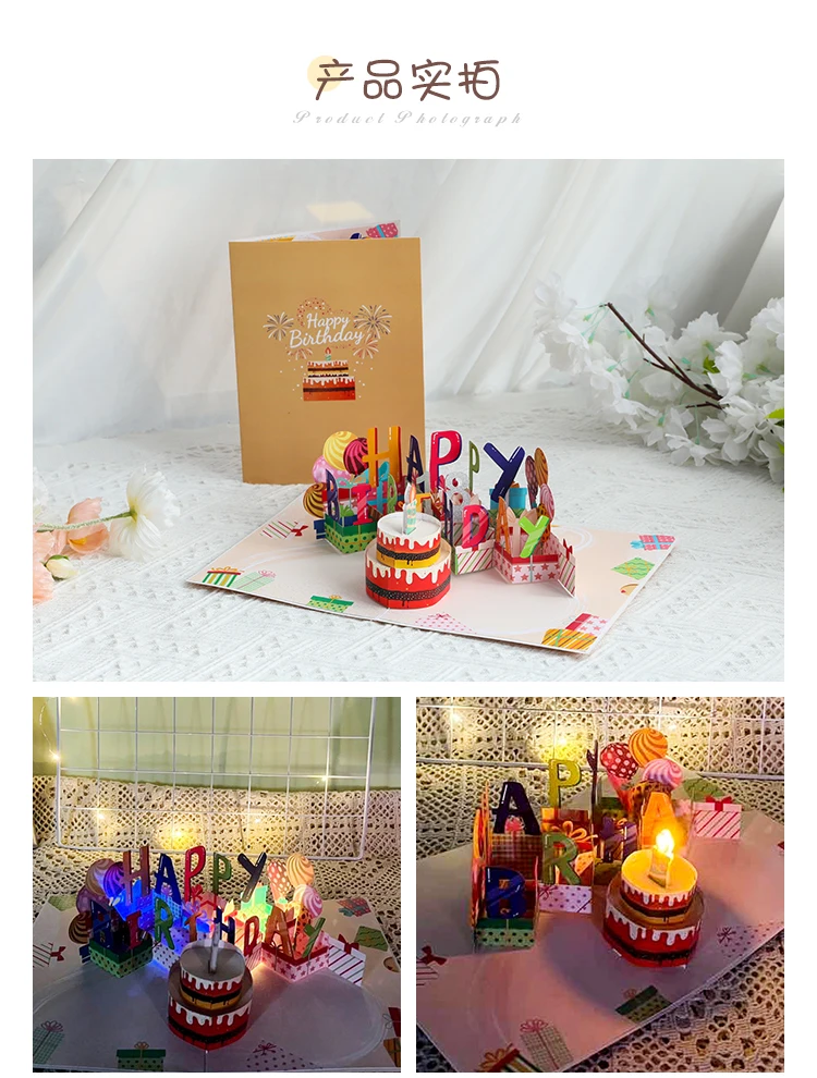 New Creative Greeting Card Chocolate Birthday Cake Blowing Candles Music Lights Ins Style Birthday Gift 3D Cake Pop Up Cards