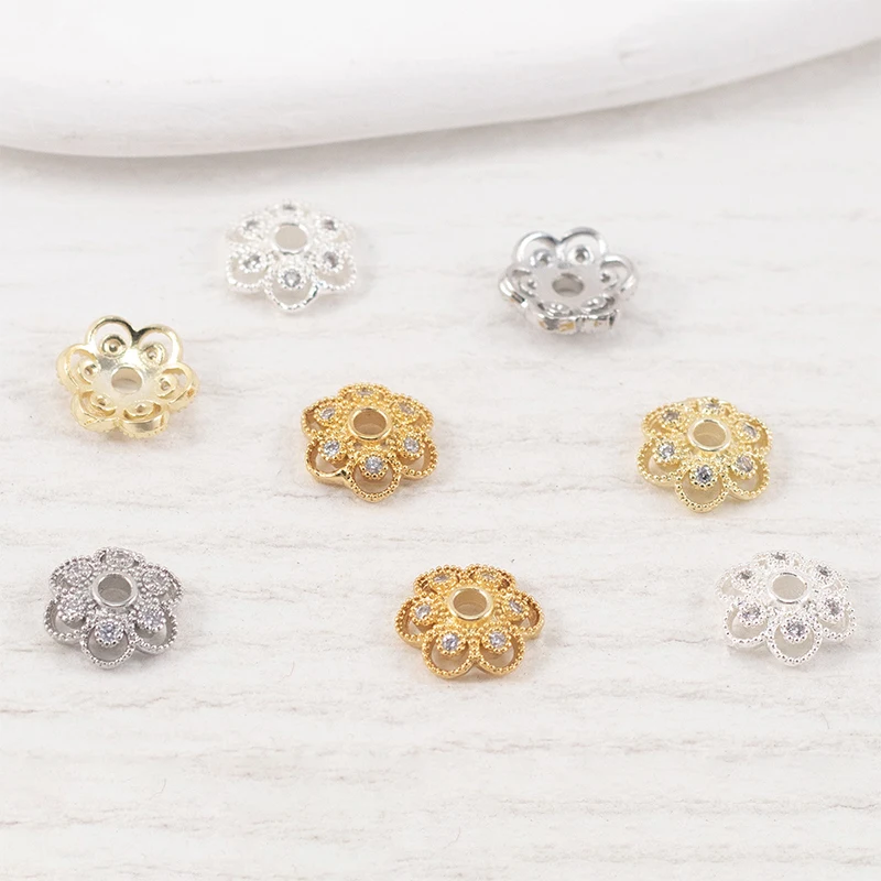 Copper Bead Caps Flower End Hollow 10mm Zircon Rhinestone Plated Gold and Silver Color Diy Jewelry Making Craft Findings