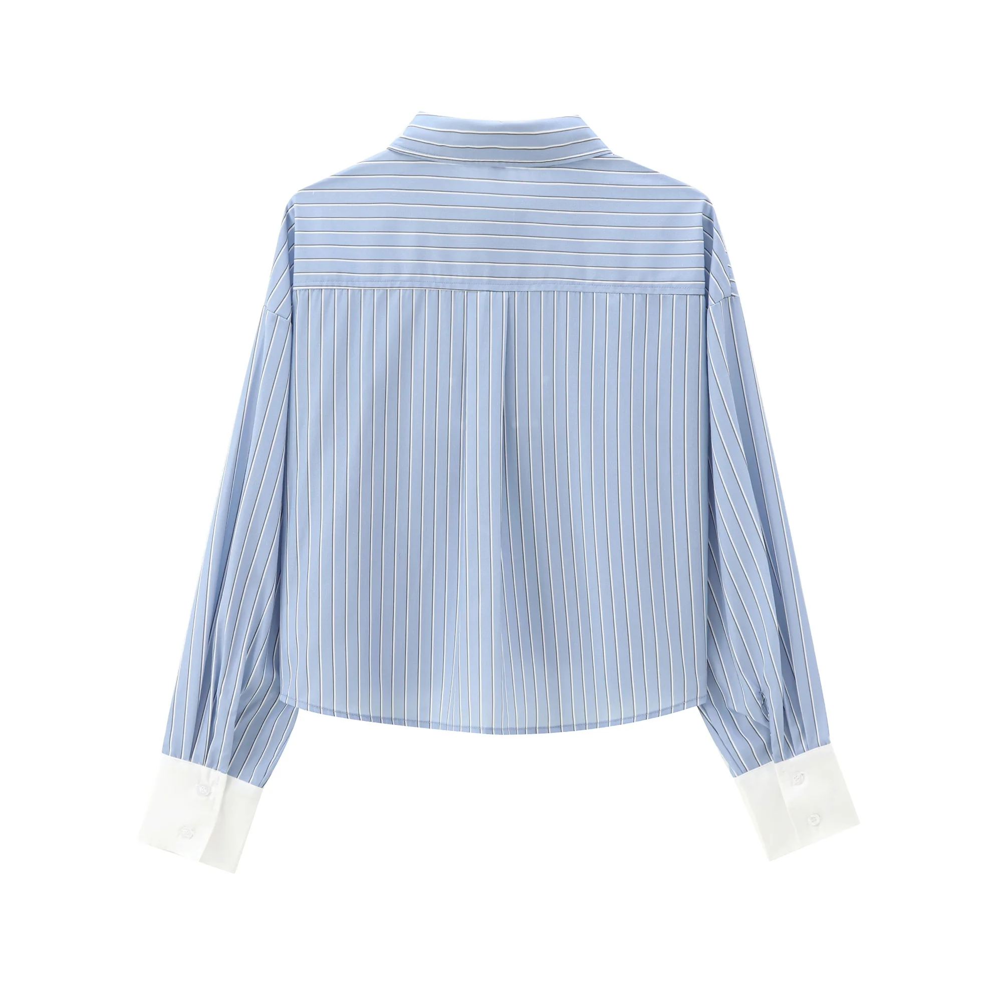 Tangada 2024 Women Blue Striped Crop Shirt Long Sleeve Chic Female Oversized Shirt Tops PS074