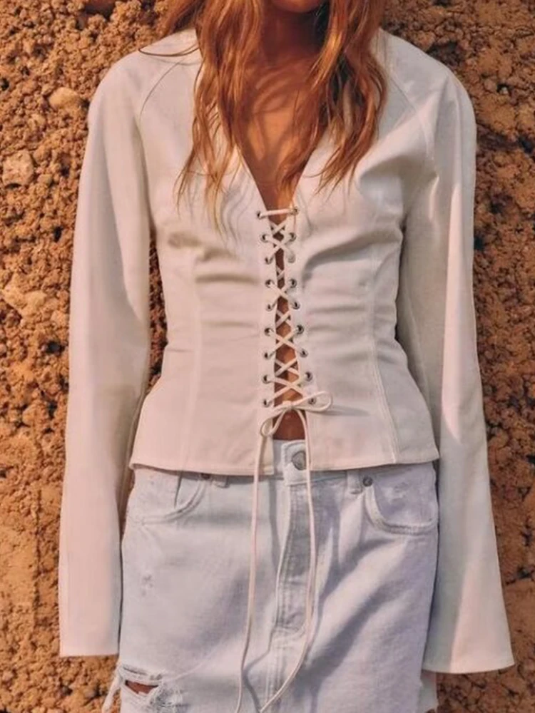 

Women Summer Slim Shirts Blouses Tops 2024 New Fashion V-Neck Bandage Long Sleeve Female Elegant Street Top Clothing