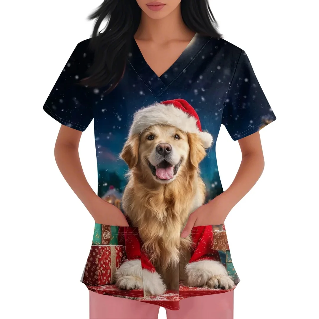 Leuke Kerstman Scrubs voor Vrouwen Tops V-hals Korte Mouw Plus Size Tops Kerst Print Verpleegster Werken Uniformen met Zakken Top
