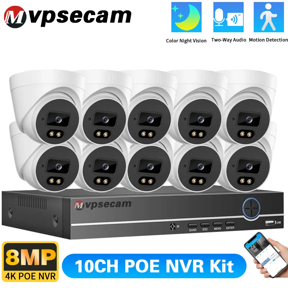 

10CH 8MP POE Dome Camera System H.265 POE NVR Kit Smart Home with Color Night Vision & Two-way Audio and Video Surveillance Kit