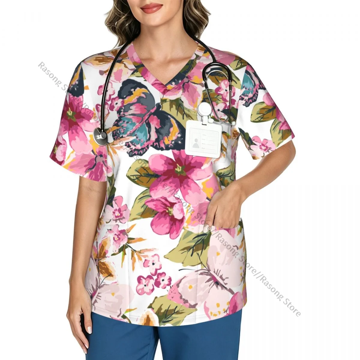 Butterfly With Floral Scrubs tops medical uniforms women V Neck Stretch Scrub Shirt Dentist doctor Blouse