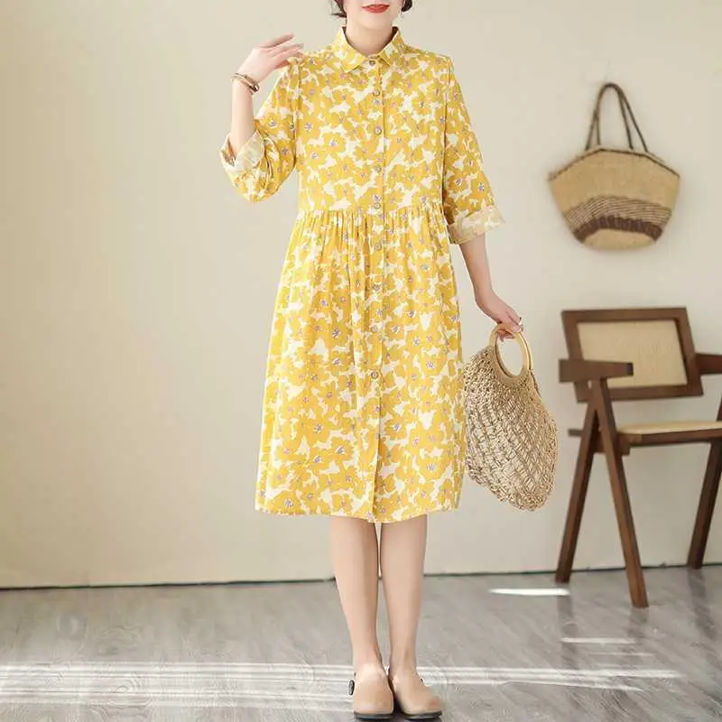 Women's Floral Dr irt Collar mid Length Casual Cotton A-Line Skirt Nine Sve Sli Comfortable Fit for Various Ocns