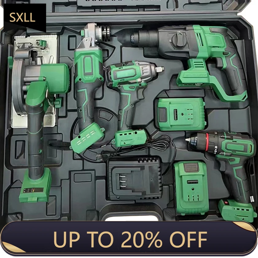 

SXLL 21 В Аккумуляторный бесщеточный многофункциональный OEM набор электроинструментов Электрическая дрель Пила Шлифовальный станок Молоток Ключ AA Батарея Жесткий ящик 1 Y