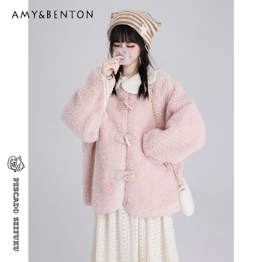 Lolita Coat Sweet Pink Lamb Wool Winter Clothes Women Japanese Kawaii Doll Collar Horn Button Jackets All Match Jk Coat Female